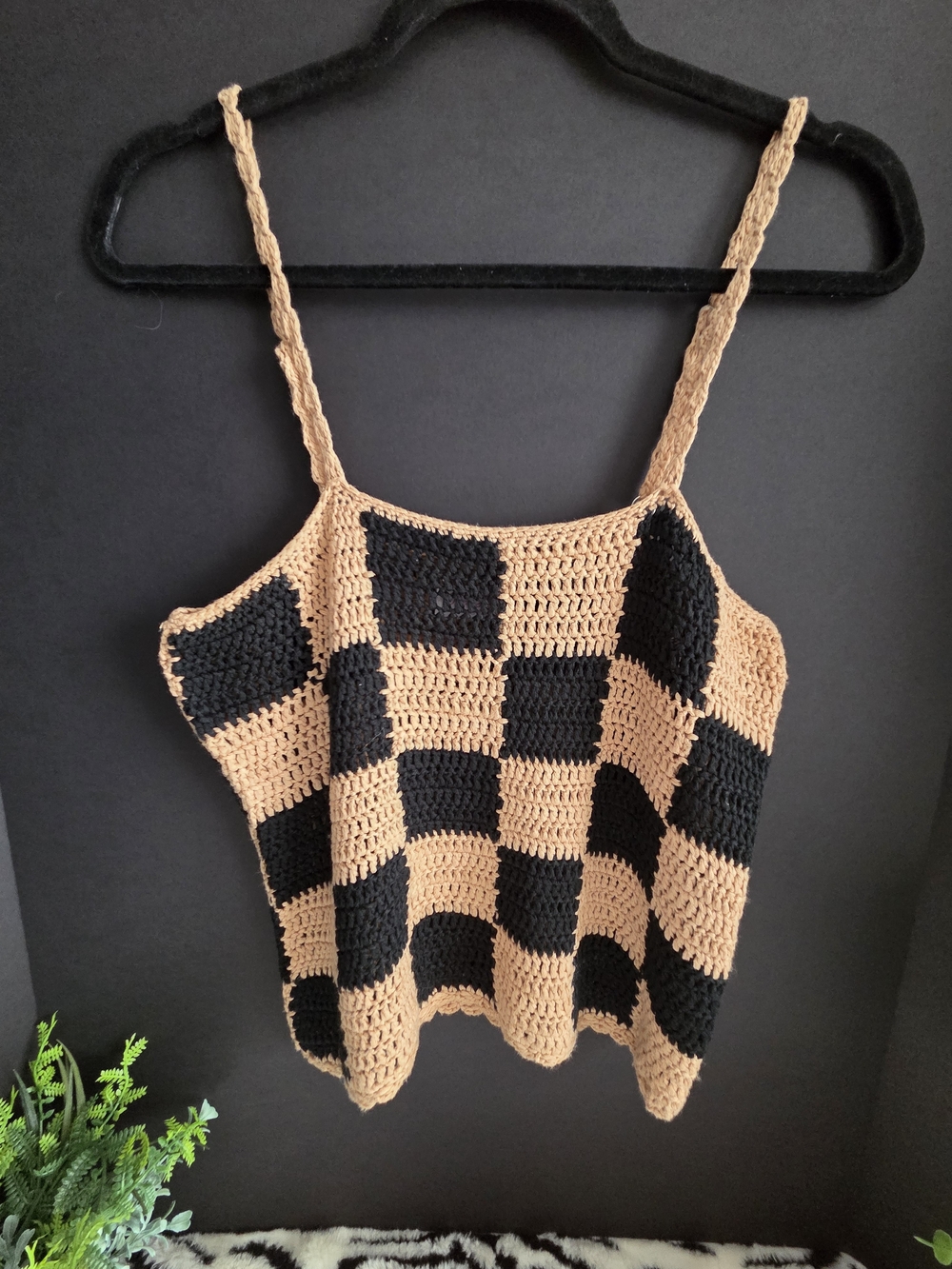 Pink Lily Crochet Checkerboard Camisole - Black and Tan. Size L